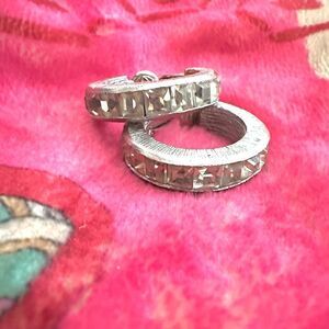 Carnegie vintage silver tone rhinestone clip on hoops